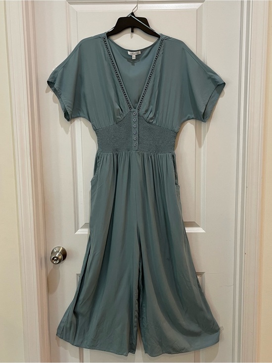 Patrons of Peace Pants - Patrons of Peace Eucalyptus Slate Blue Smocked V-Neck Wide Leg Jumpsuit M Unworn